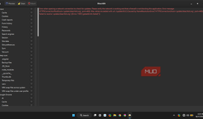 BleachBit Interface with the internet connection and update failure message in red, and the available options for picks in the left side including Brave, Chrome.