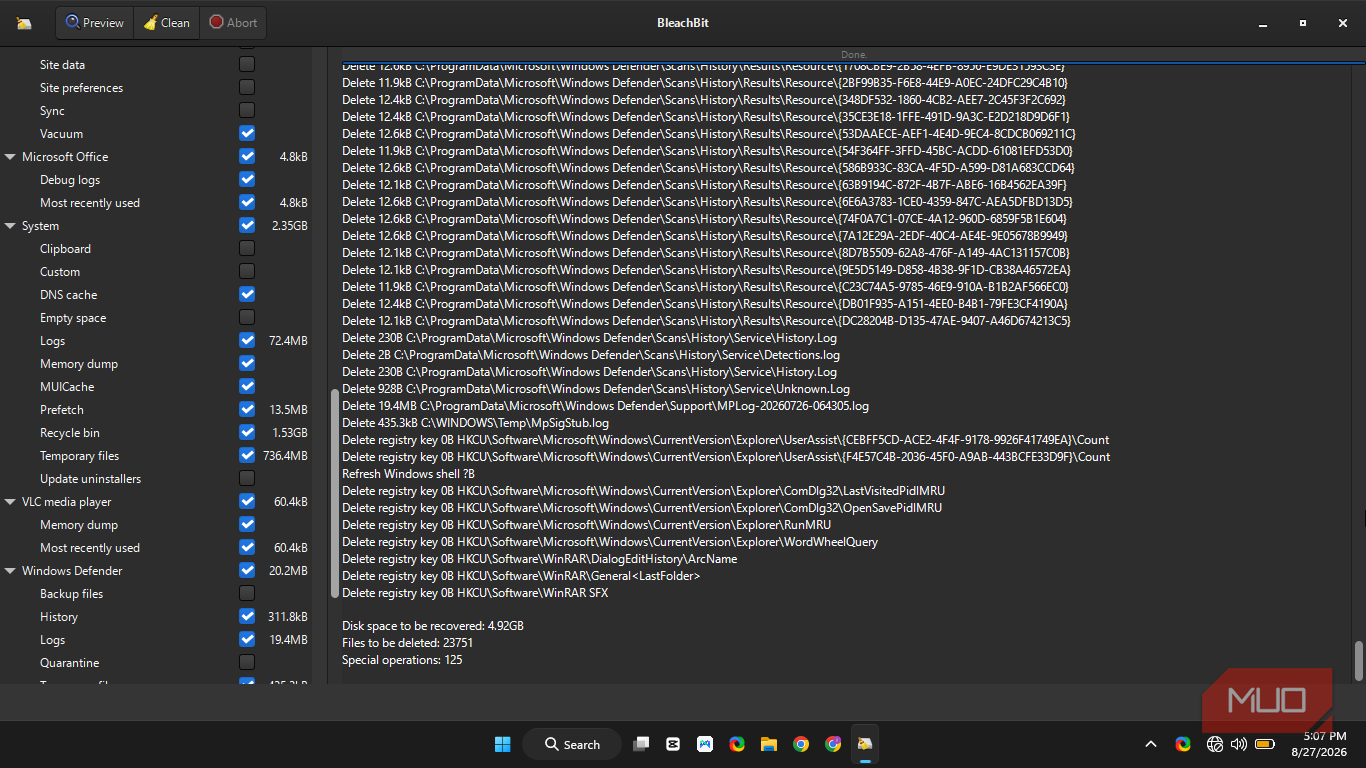 BleachBit showing a full preview from the selected files and what it would potentially recover if allowed to clean.