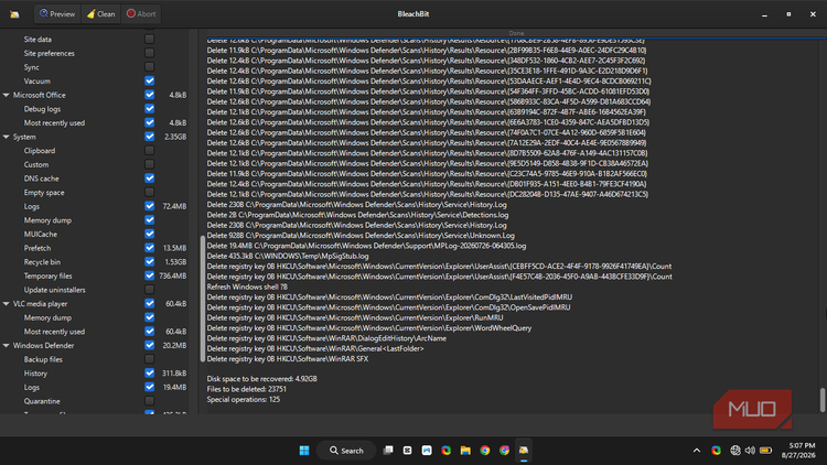 BleachBit showing a full preview from the selected files and what it would potentially recover if allowed to clean.