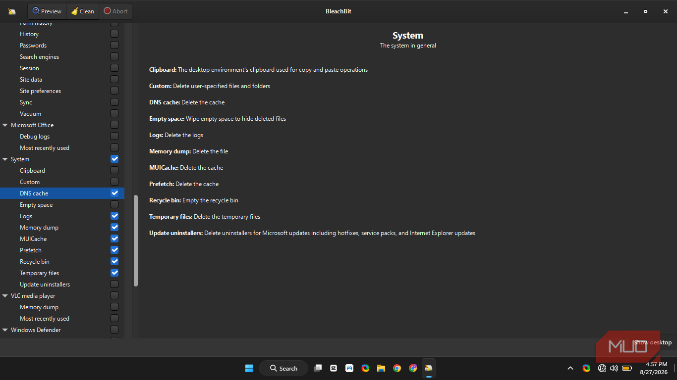 BleachBit explanation of each of the options open to selection in the 'System' with the blue check mark.