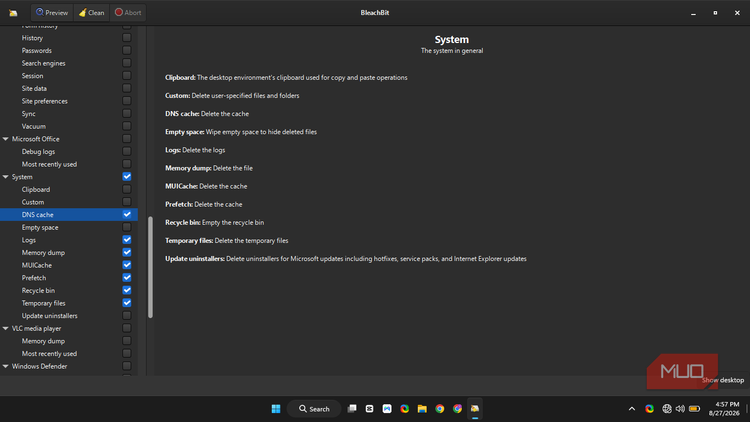 BleachBit explanation of each of the options open to selection in the 'System' with the blue check mark.