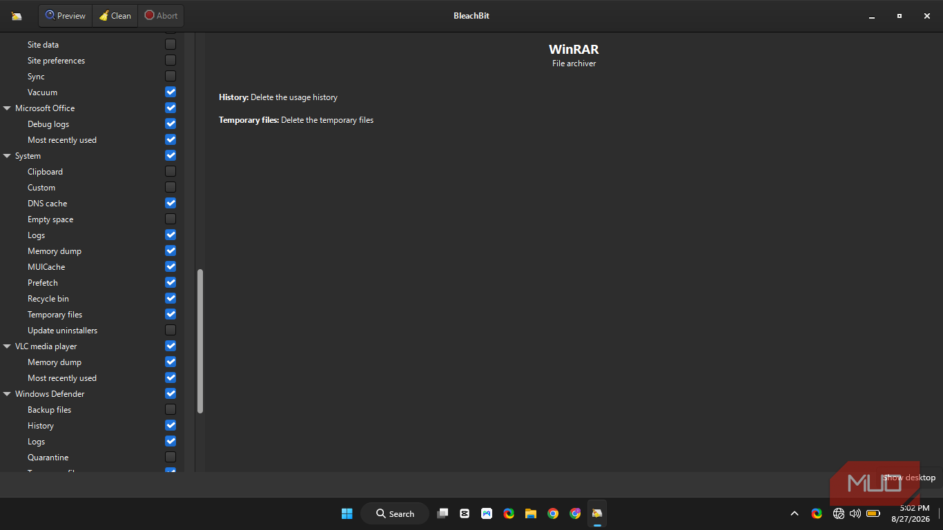 BleachBit app displaying WinRAR selections alongside other apps and system files being selected with a blue check mark in front of them.