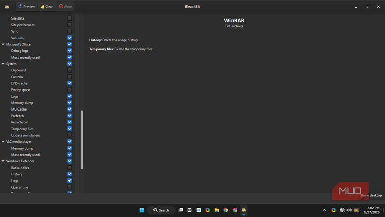 BleachBit app displaying WinRAR selections alongside other apps and system files being selected with a blue check mark in front of them.
