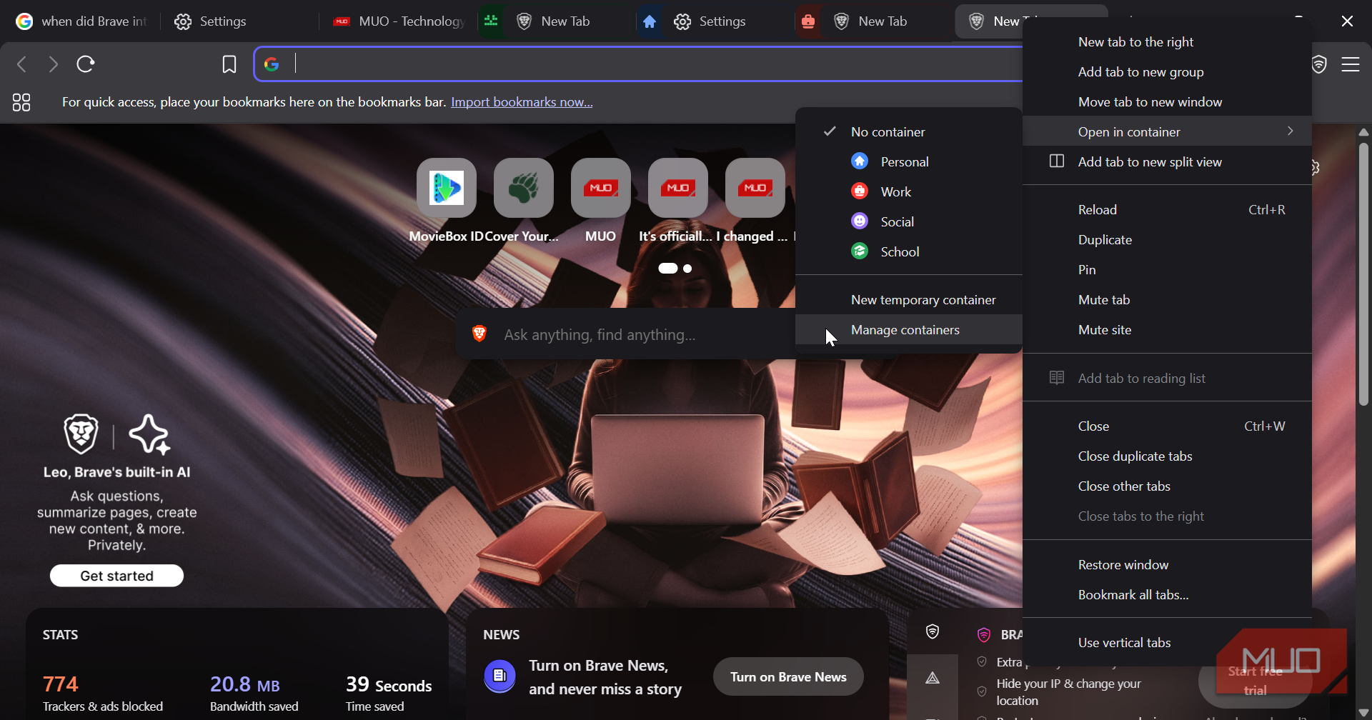 Brave container right-click menu option