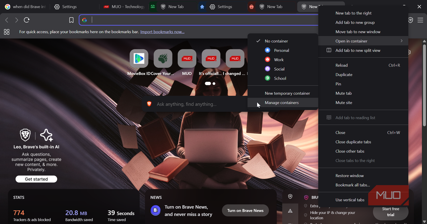 Brave container right-click menu option
