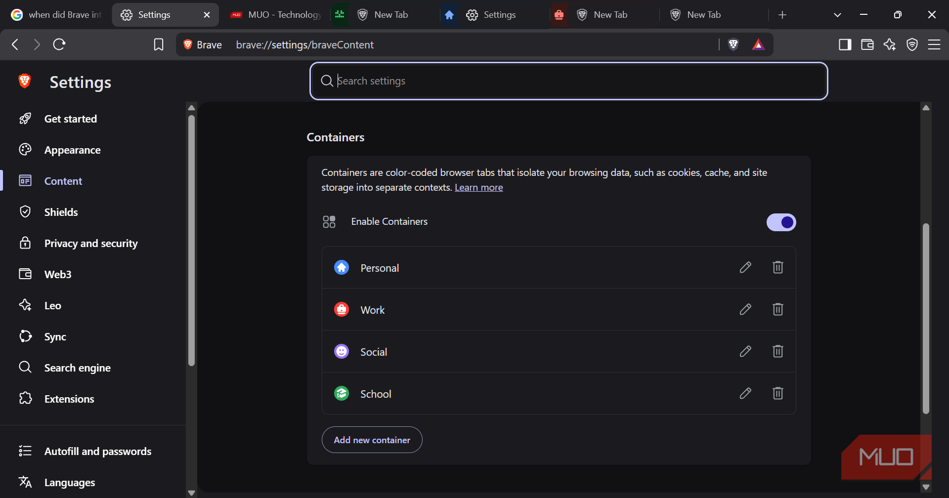 Brave container settings