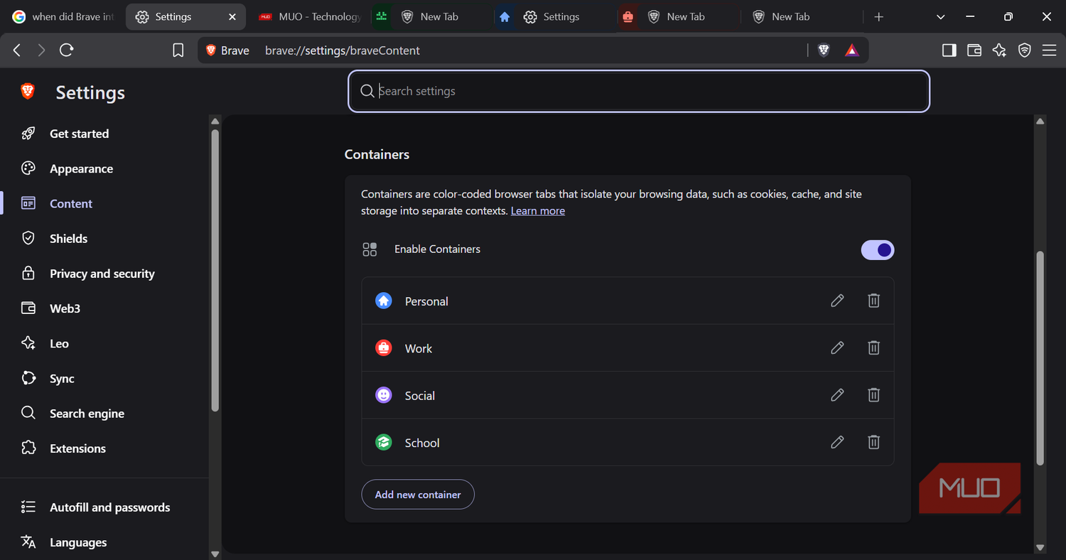Brave container settings