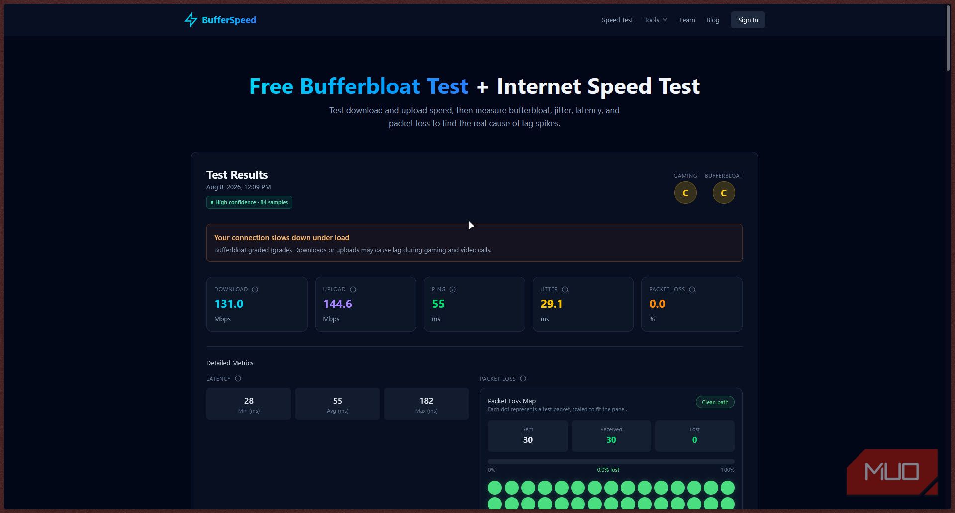 Bufferspeed internet connection test result.