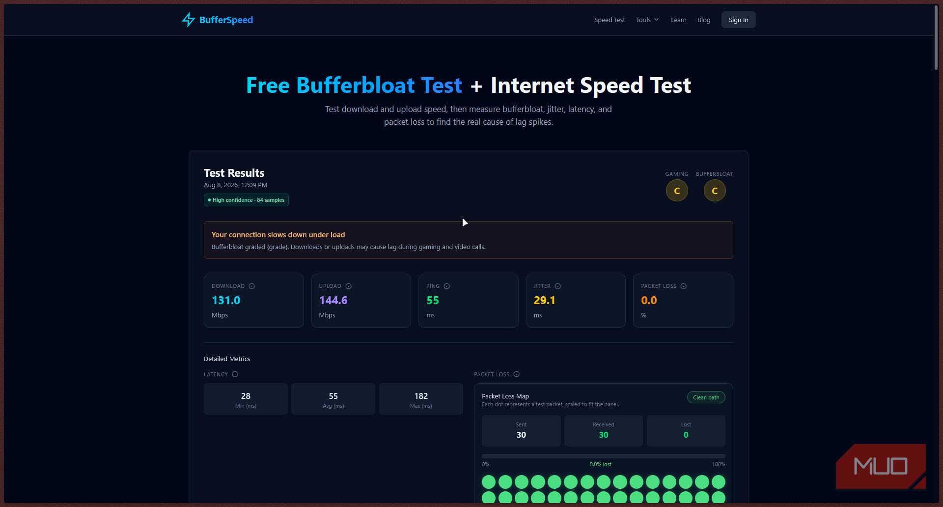 Bufferspeed internet connection test result.