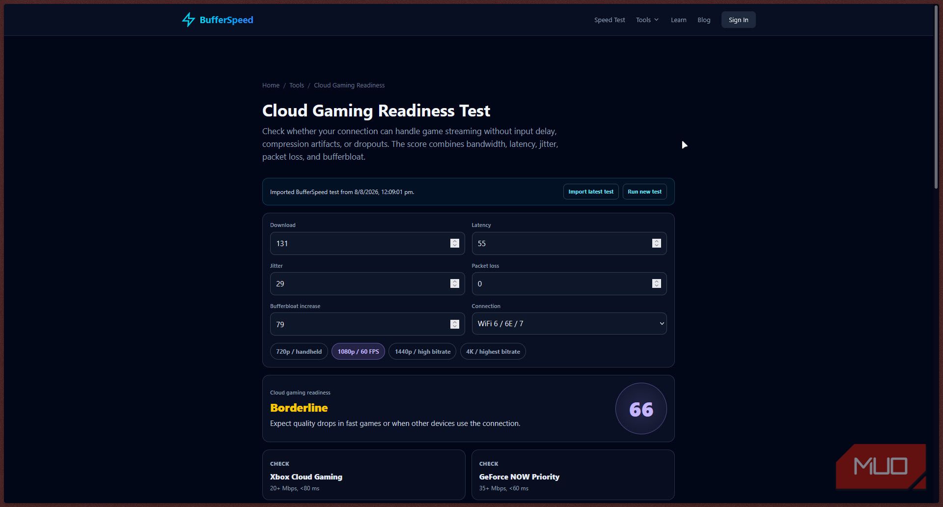 Bufferspeed internet gaming readiness test.
