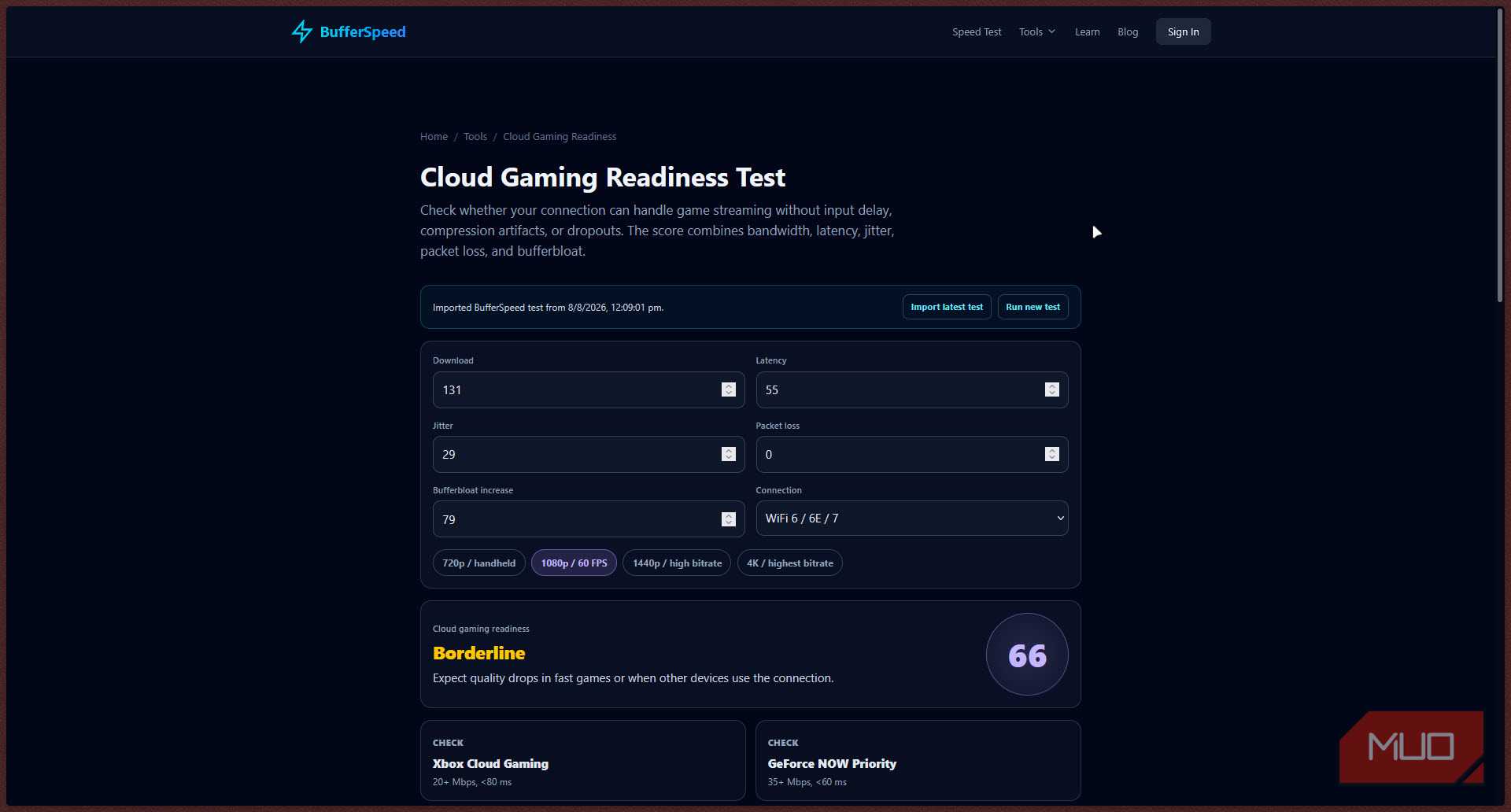 Bufferspeed internet gaming readiness test.