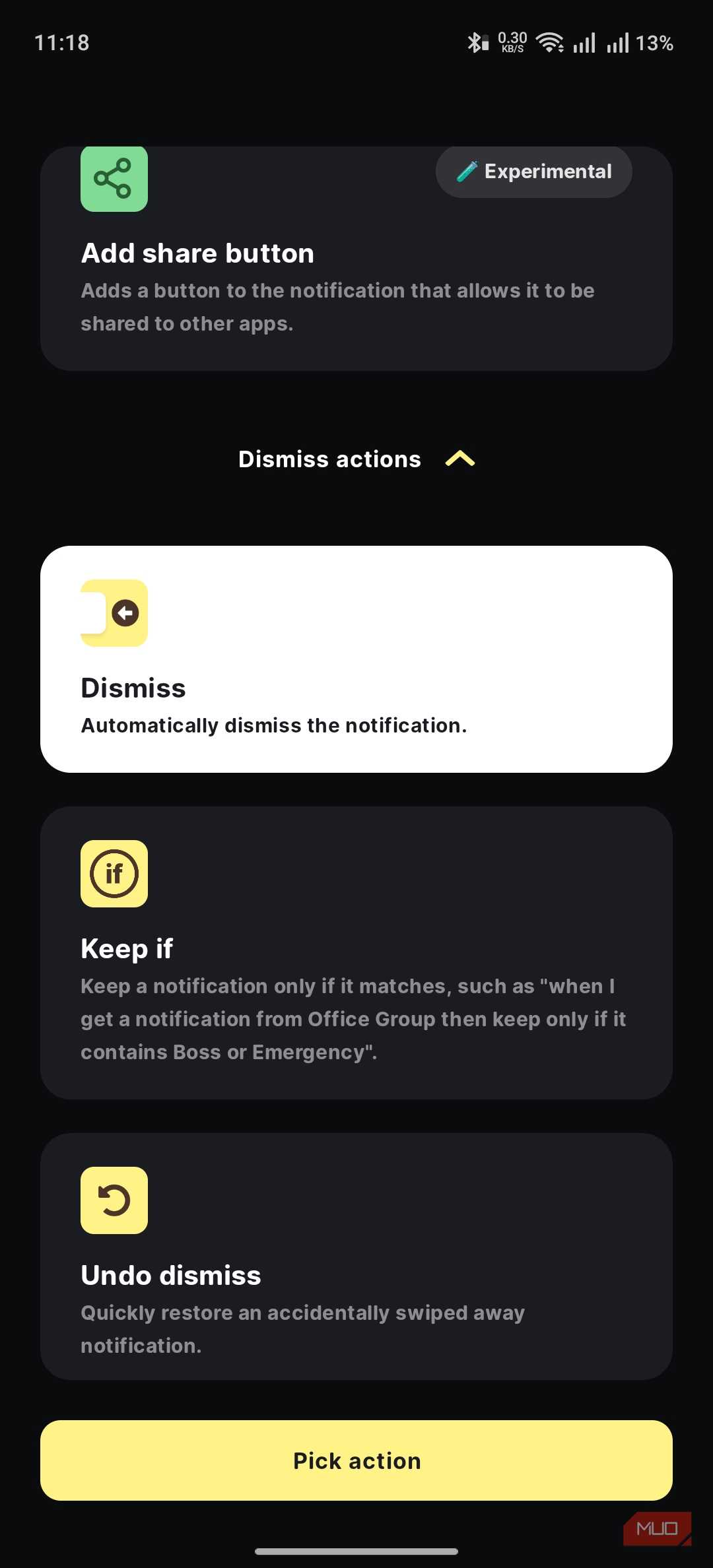 buzzkill showing the interface for picking the action