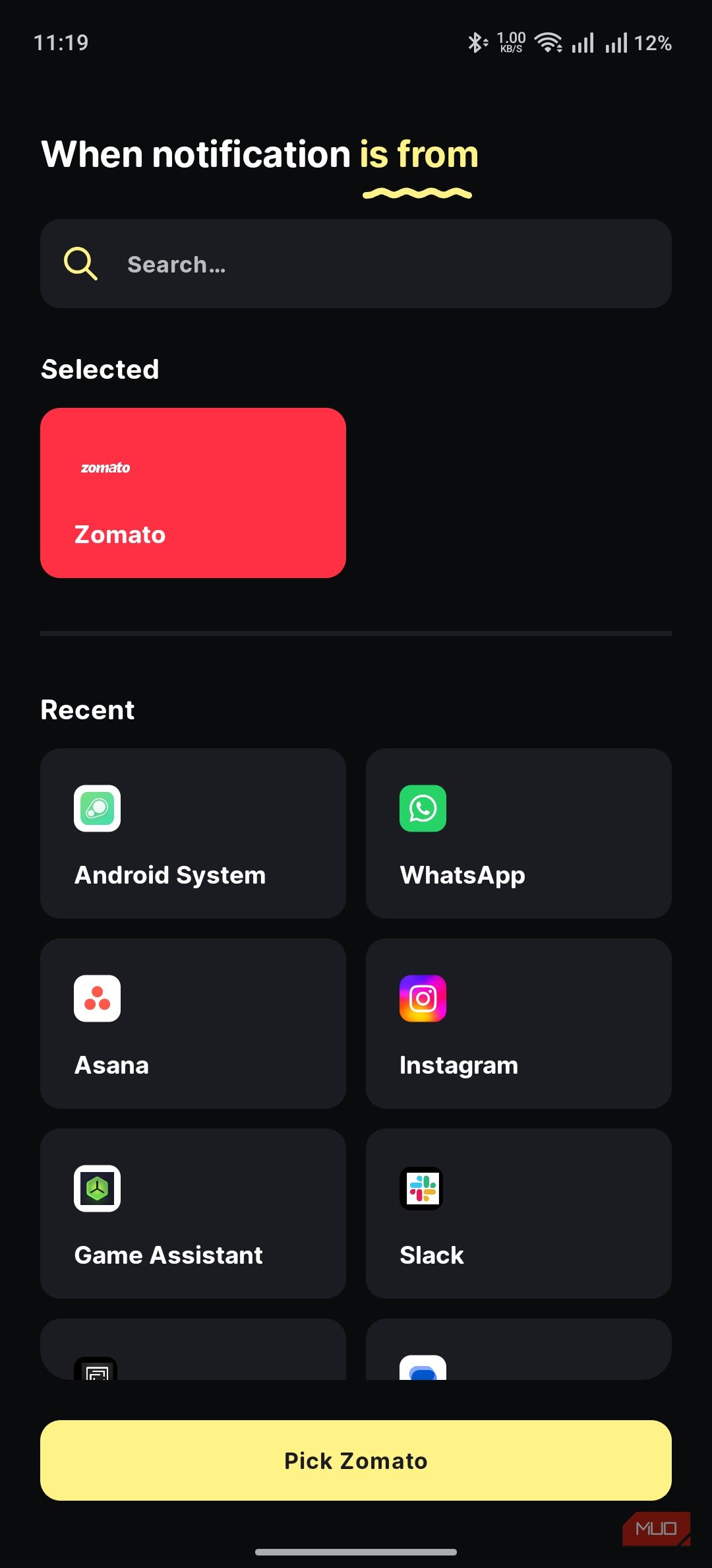 buzzkill showing the option to choose the app