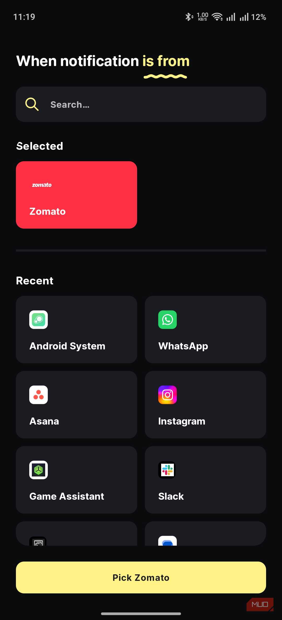 buzzkill showing the option to choose the app