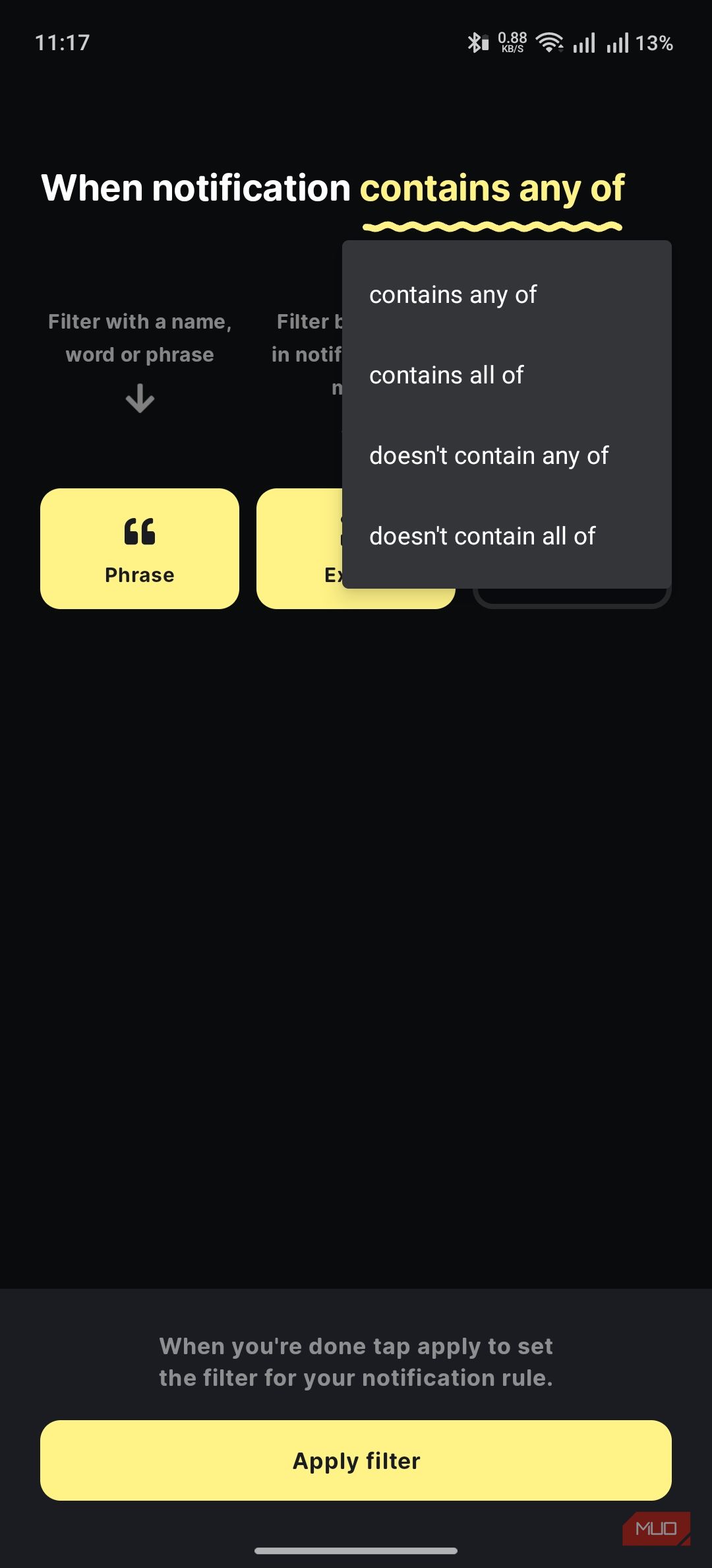 buzzkill showing the option to customize the criteria further