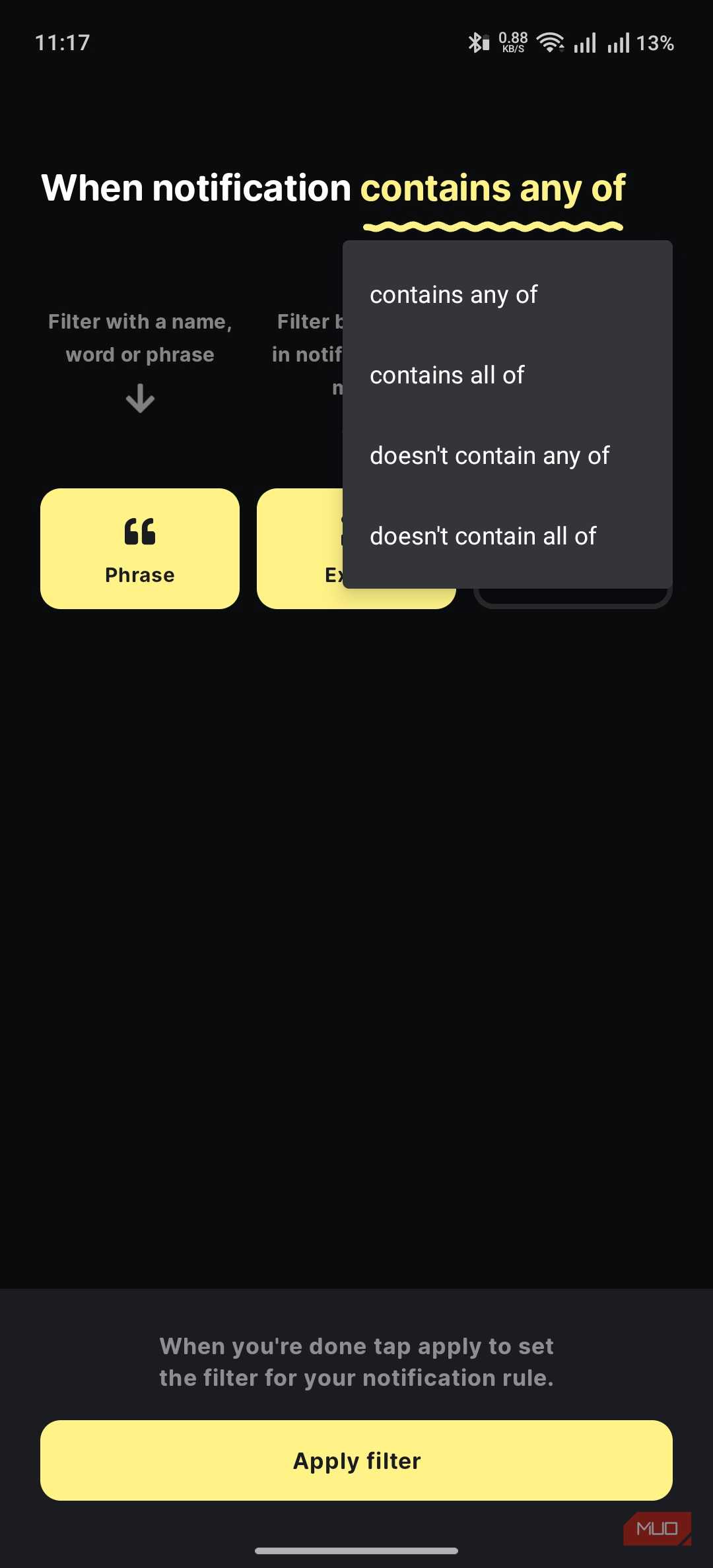 buzzkill showing the option to customize the criteria further