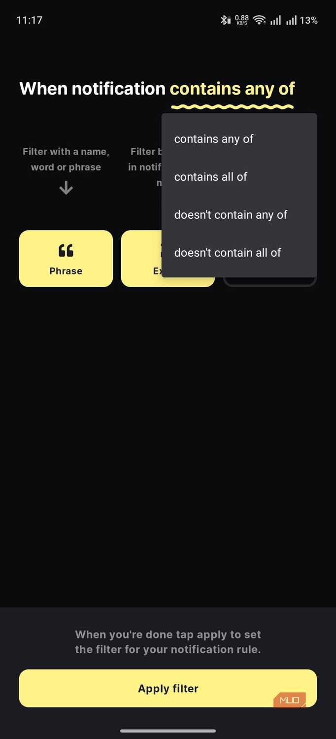 buzzkill showing the option to customize the criteria further