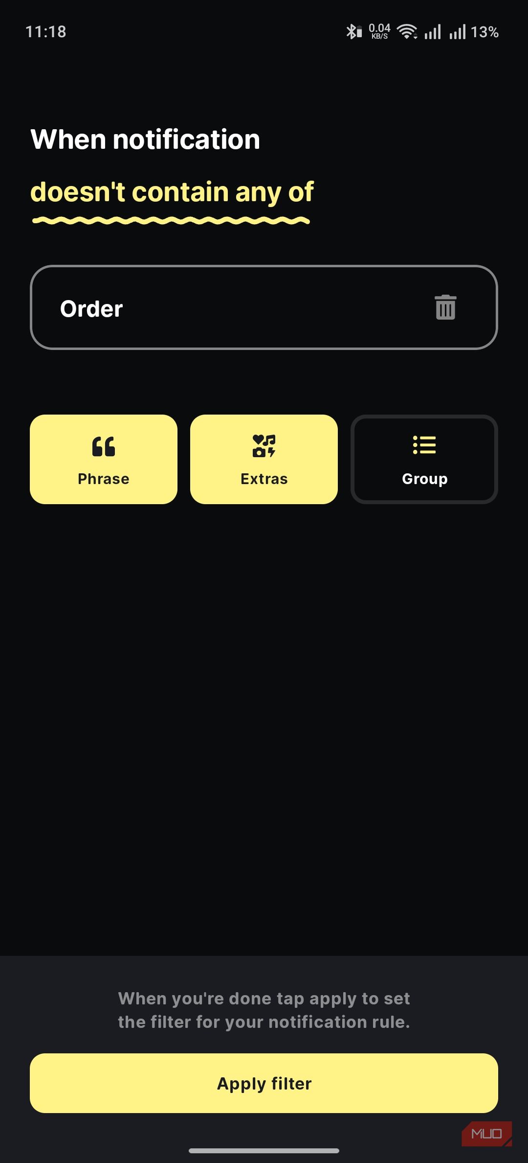 buzzkill showing the option to pick the criteria