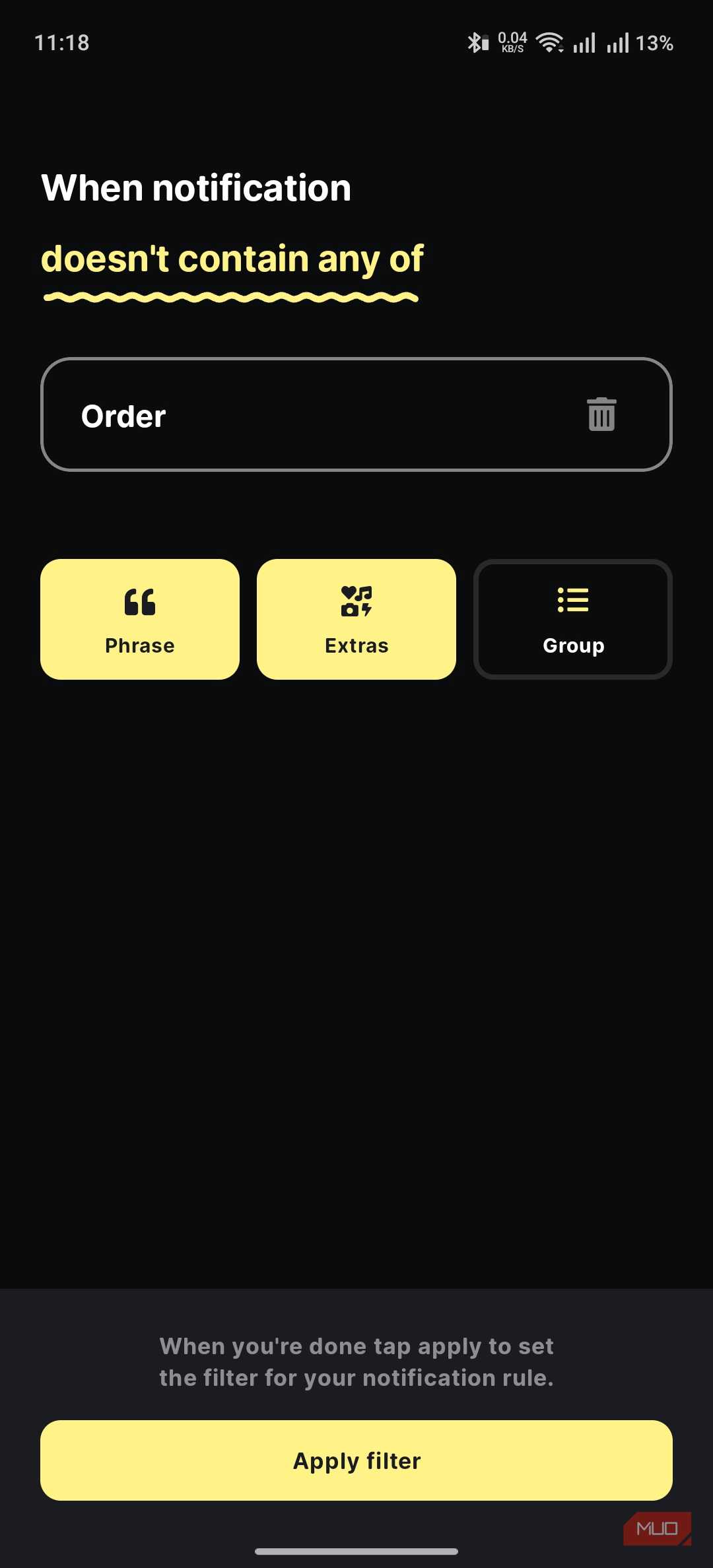 buzzkill showing the option to pick the criteria