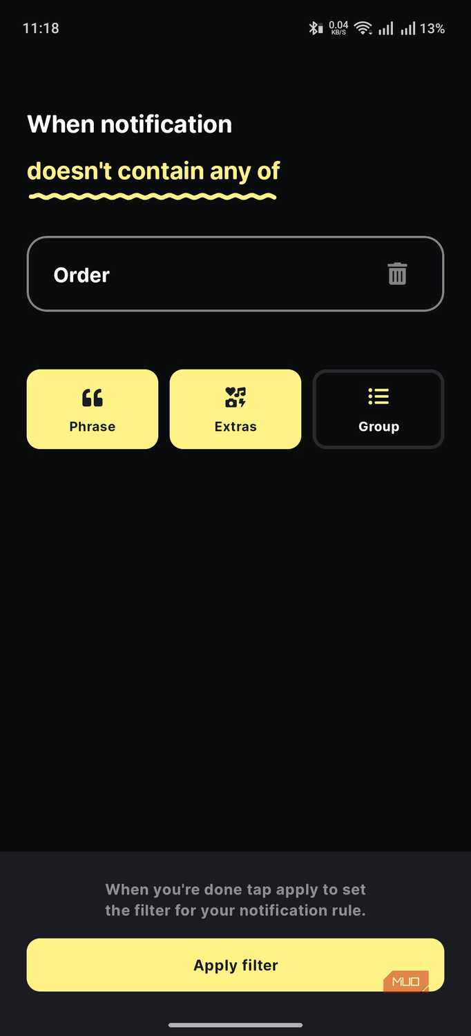 buzzkill showing the option to pick the criteria