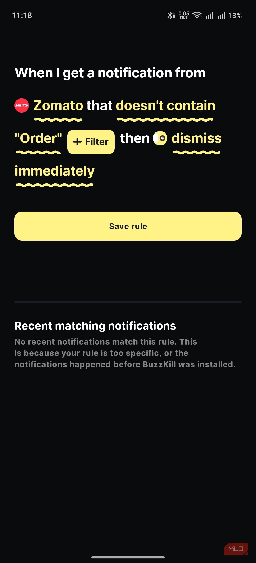 buzzkill showing the rule summary