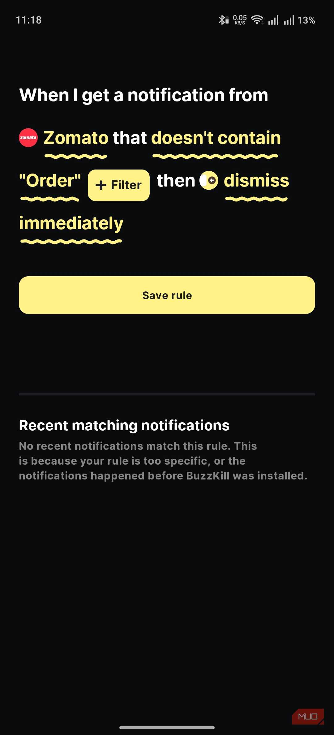 buzzkill showing the rule summary