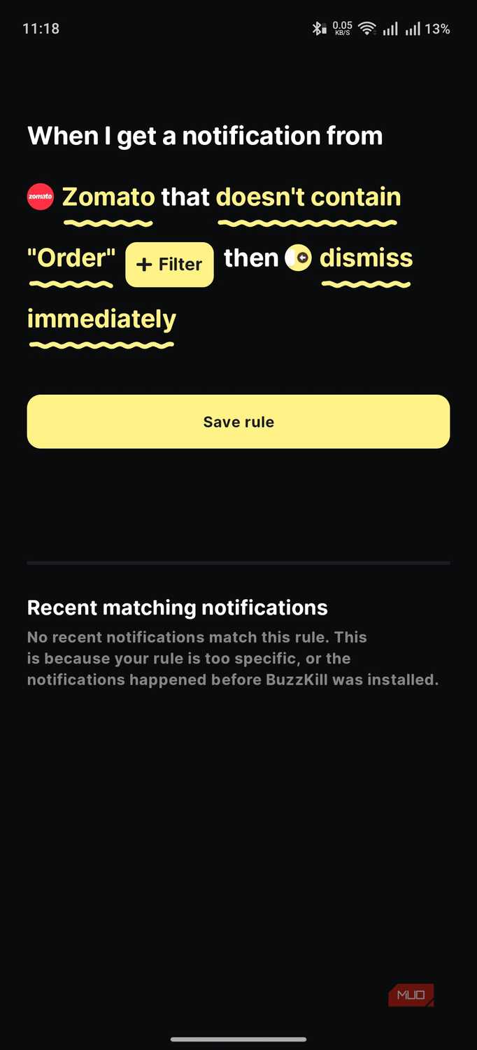 buzzkill showing the rule summary