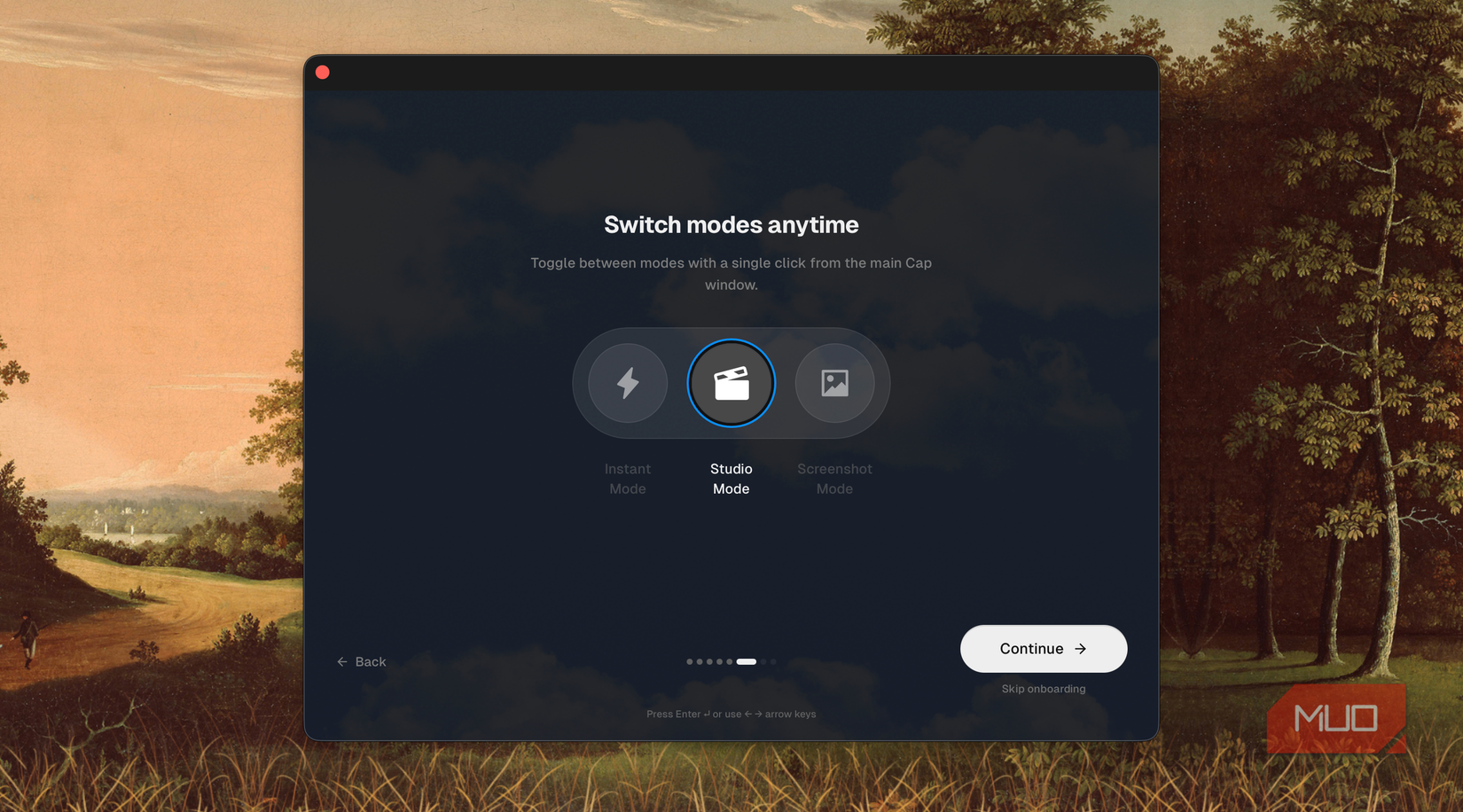 Cap app mode switcher showing Instant, Studio, and Screenshot mode icons, with Studio Mode selected