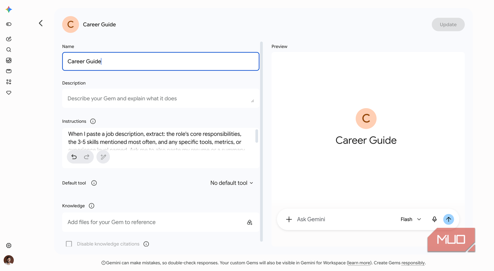 Google Gemini showing the career guide gem creation screen