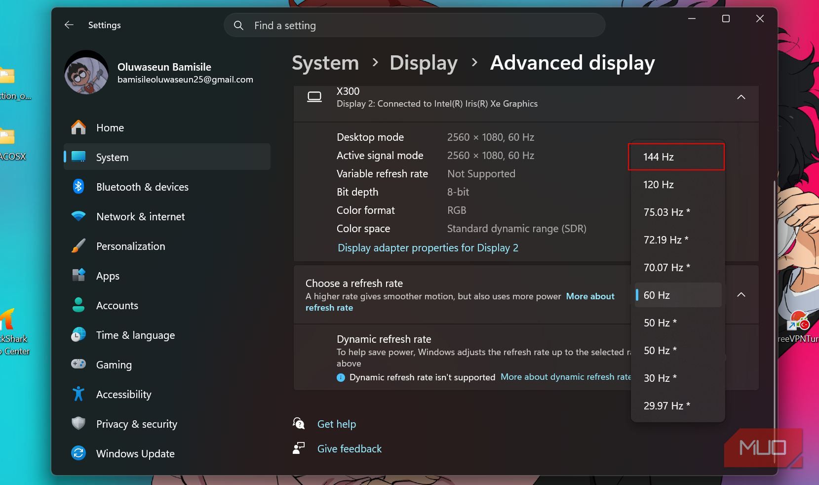 Changing Windows refresh rate in settings