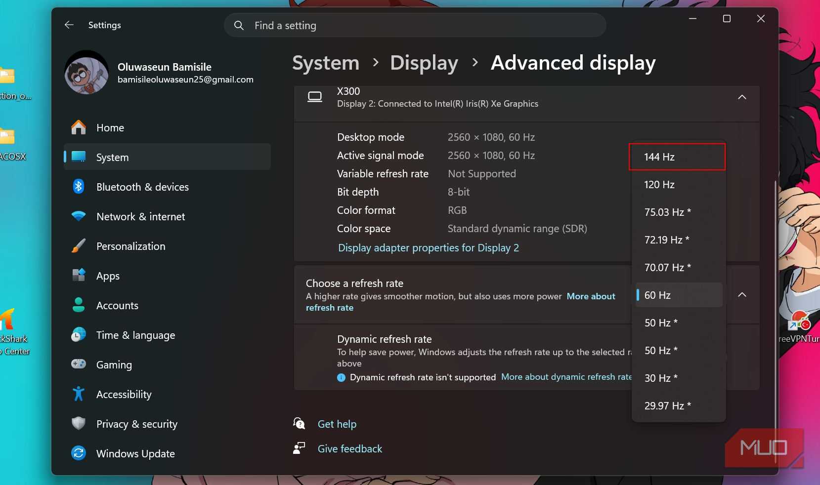 Changing Windows refresh rate in settings