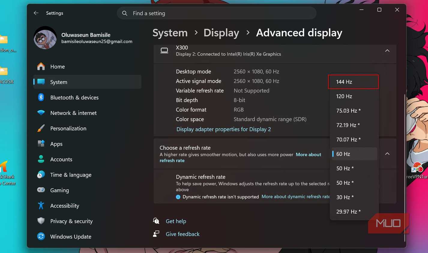 Changing Windows refresh rate in settings