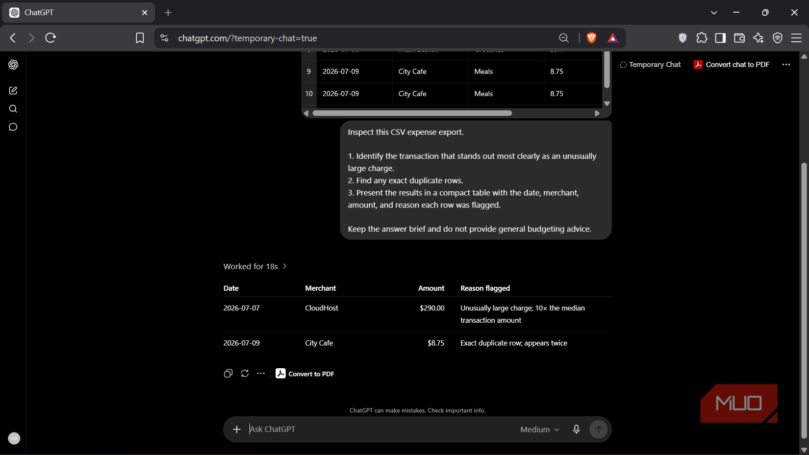 ChatGPT analyzing a CSV expense export interface