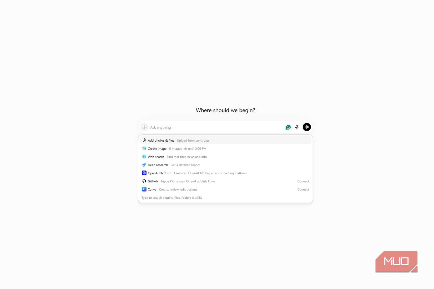 ChatGPT tools menu showing options to upload files, create images, search the web, use Deep Research, and connect OpenAI Platform, GitHub, or Canva