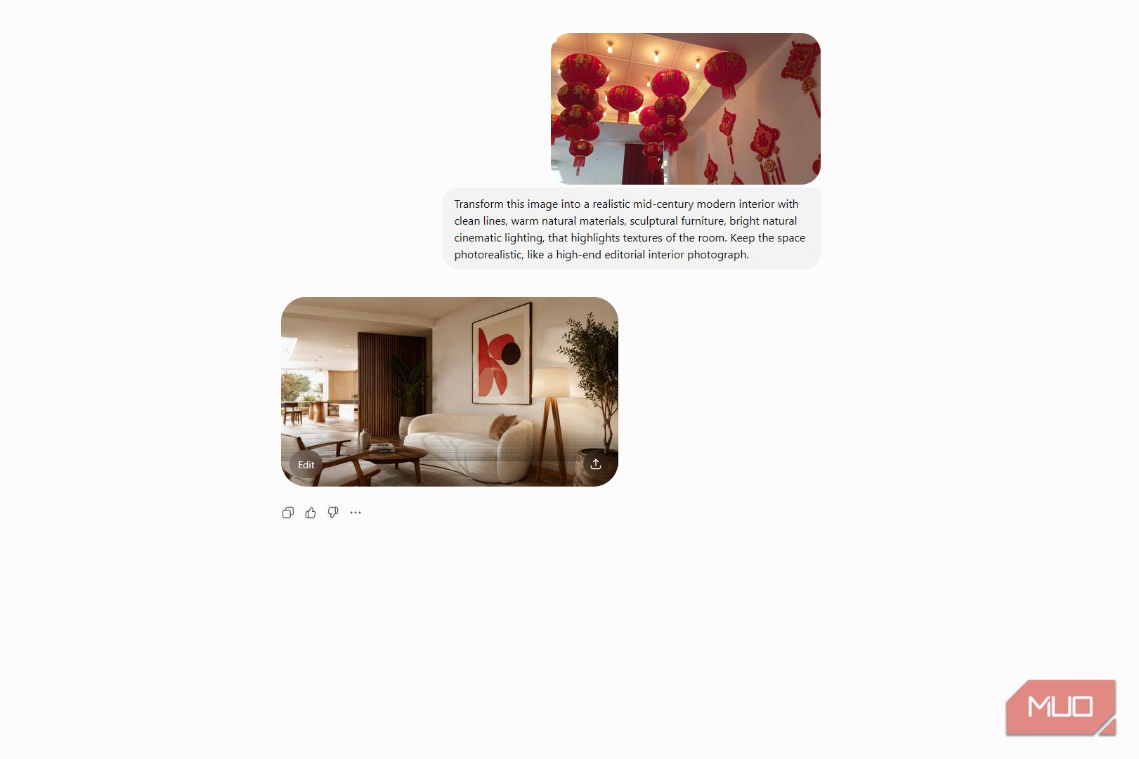 ChatGPT conversation showing an uploaded room with red lanterns, a redesign prompt, and the generated mid-century modern living room