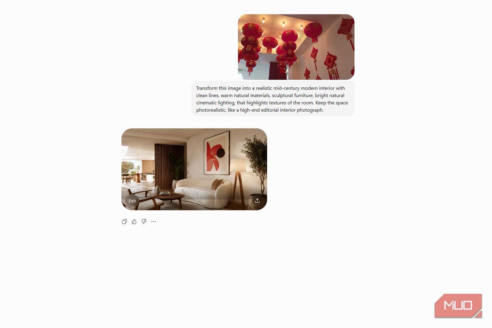 ChatGPT conversation showing an uploaded room with red lanterns, a redesign prompt, and the generated mid-century modern living room