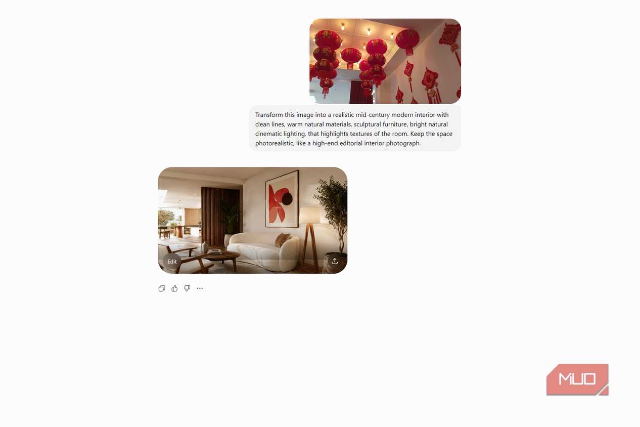 ChatGPT conversation showing an uploaded room with red lanterns, a redesign prompt, and the generated mid-century modern living room