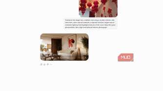 ChatGPT conversation showing an uploaded room with red lanterns, a redesign prompt, and the generated mid-century modern living room