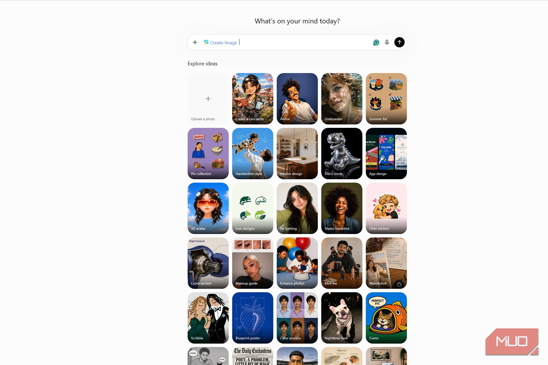 ChatGPT image creation page showing an uploaded option and a grid of creative styles, including anime, underwater portraits, interior design, app design, and photo enhancement
