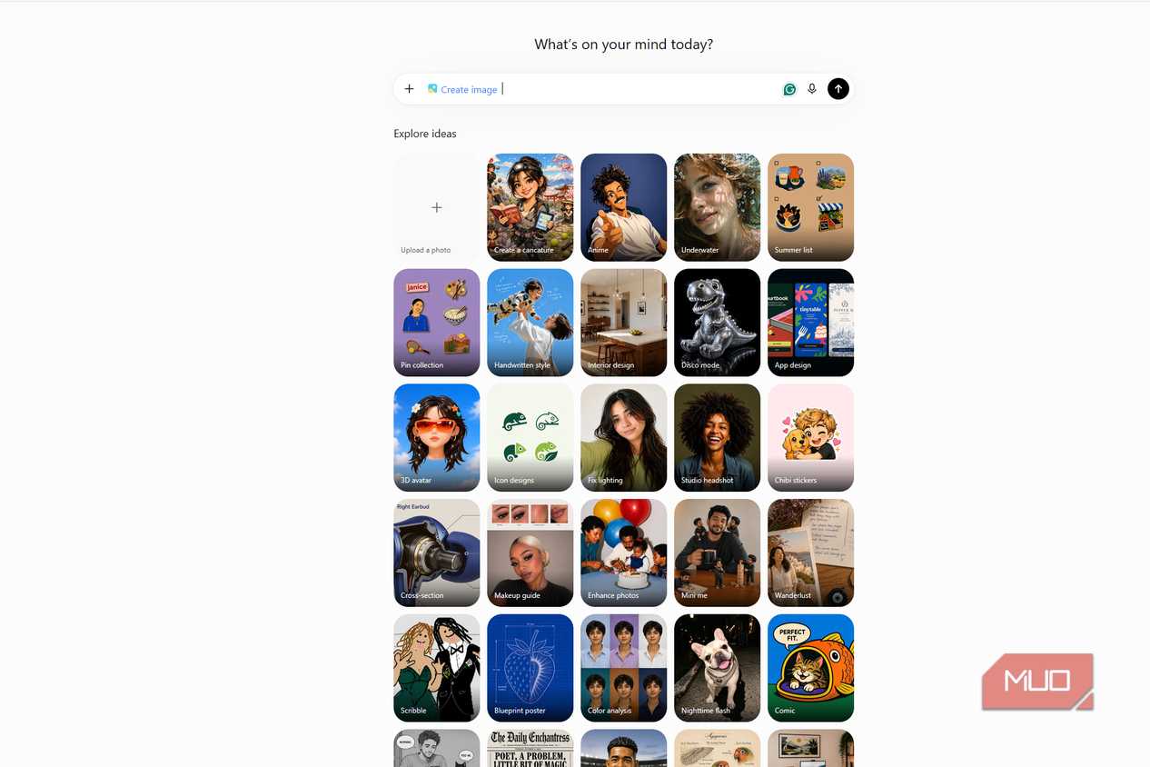 ChatGPT image creation page showing an uploaded option and a grid of creative styles, including anime, underwater portraits, interior design, app design, and photo enhancement