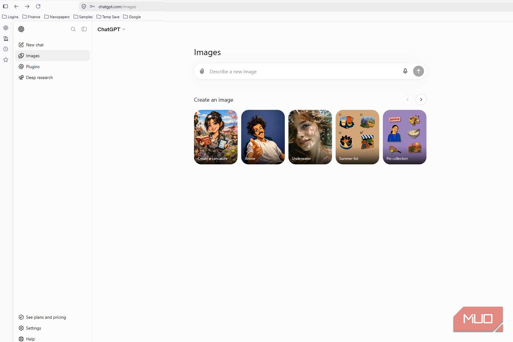 ChatGPT Images page showing a prompt box and image creation options for caricatures, anime, underwater scenes, summer sets, and pin collections.