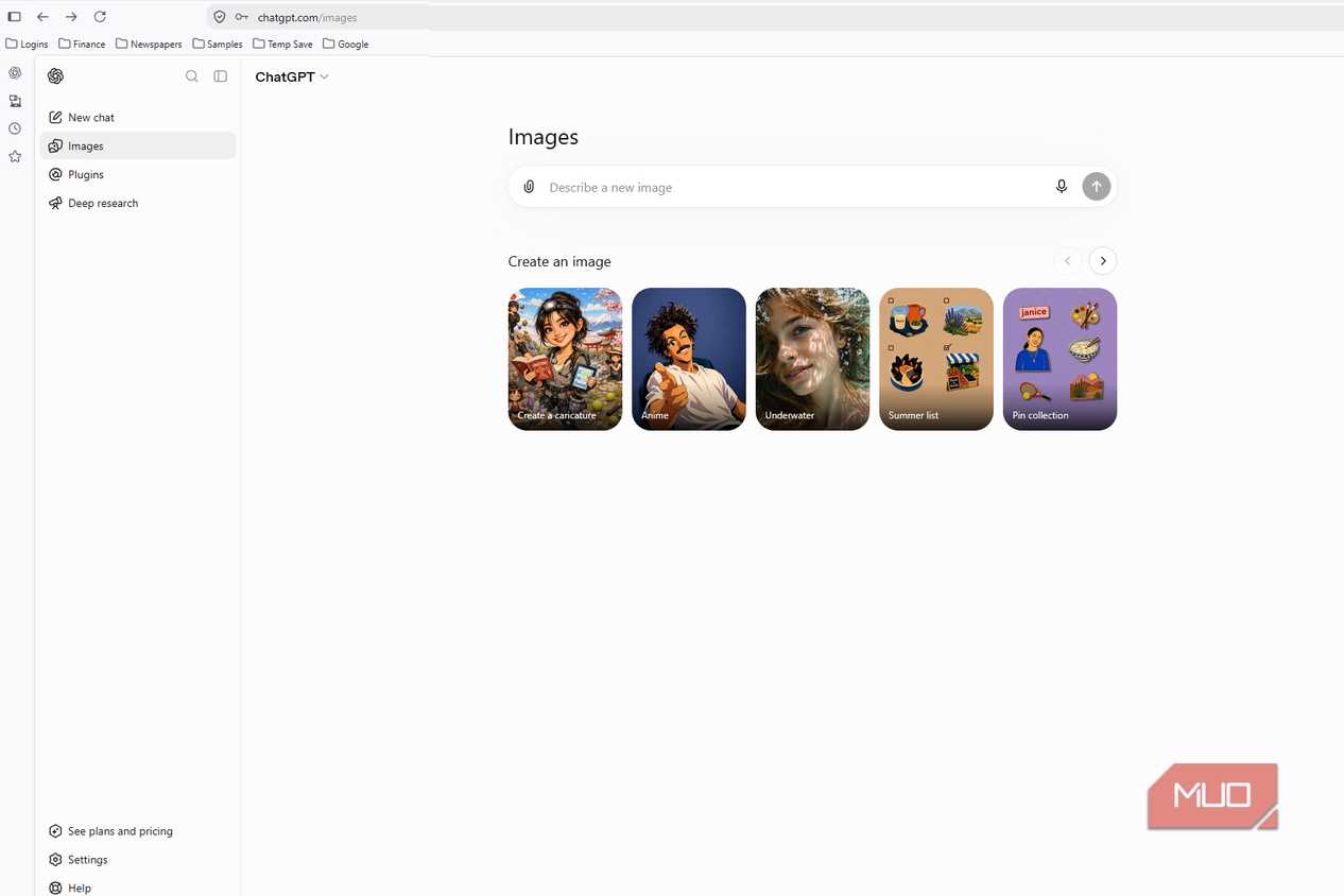 ChatGPT Images page showing a prompt box and image creation options for caricatures, anime, underwater scenes, summer sets, and pin collections.