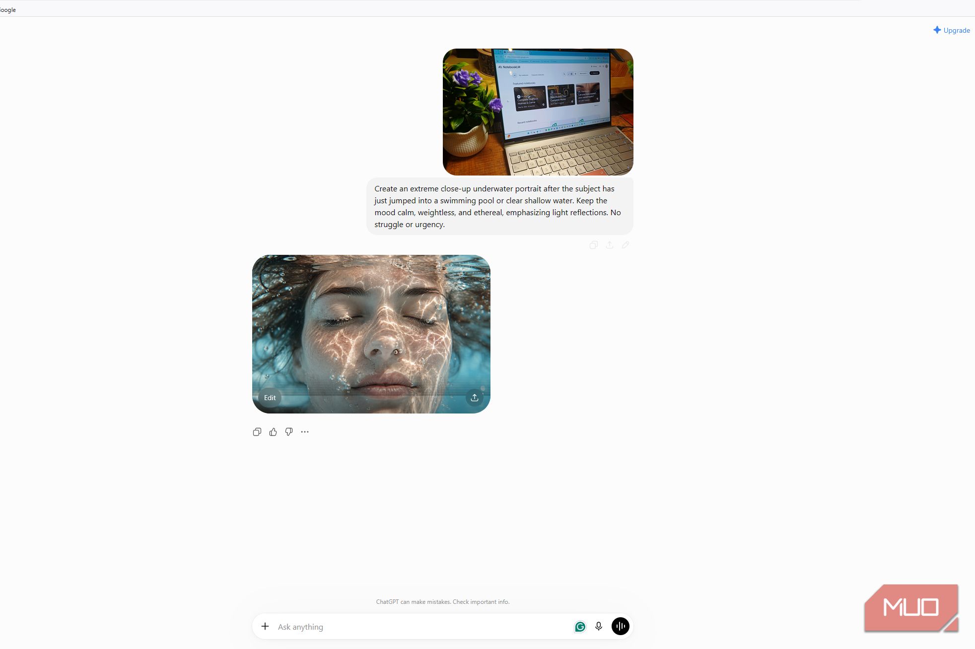 ChatGPT conversation showing an uploaded laptop photo, an underwater portrait prompt, and the generated close-up image of a woman's face underwater