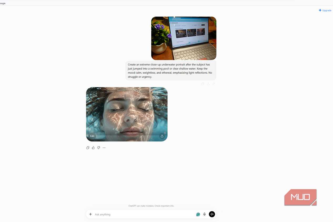 ChatGPT conversation showing an uploaded laptop photo, an underwater portrait prompt, and the generated close-up image of a woman's face underwater