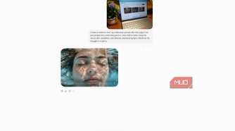 ChatGPT conversation showing an uploaded laptop photo, an underwater portrait prompt, and the generated close-up image of a woman's face underwater