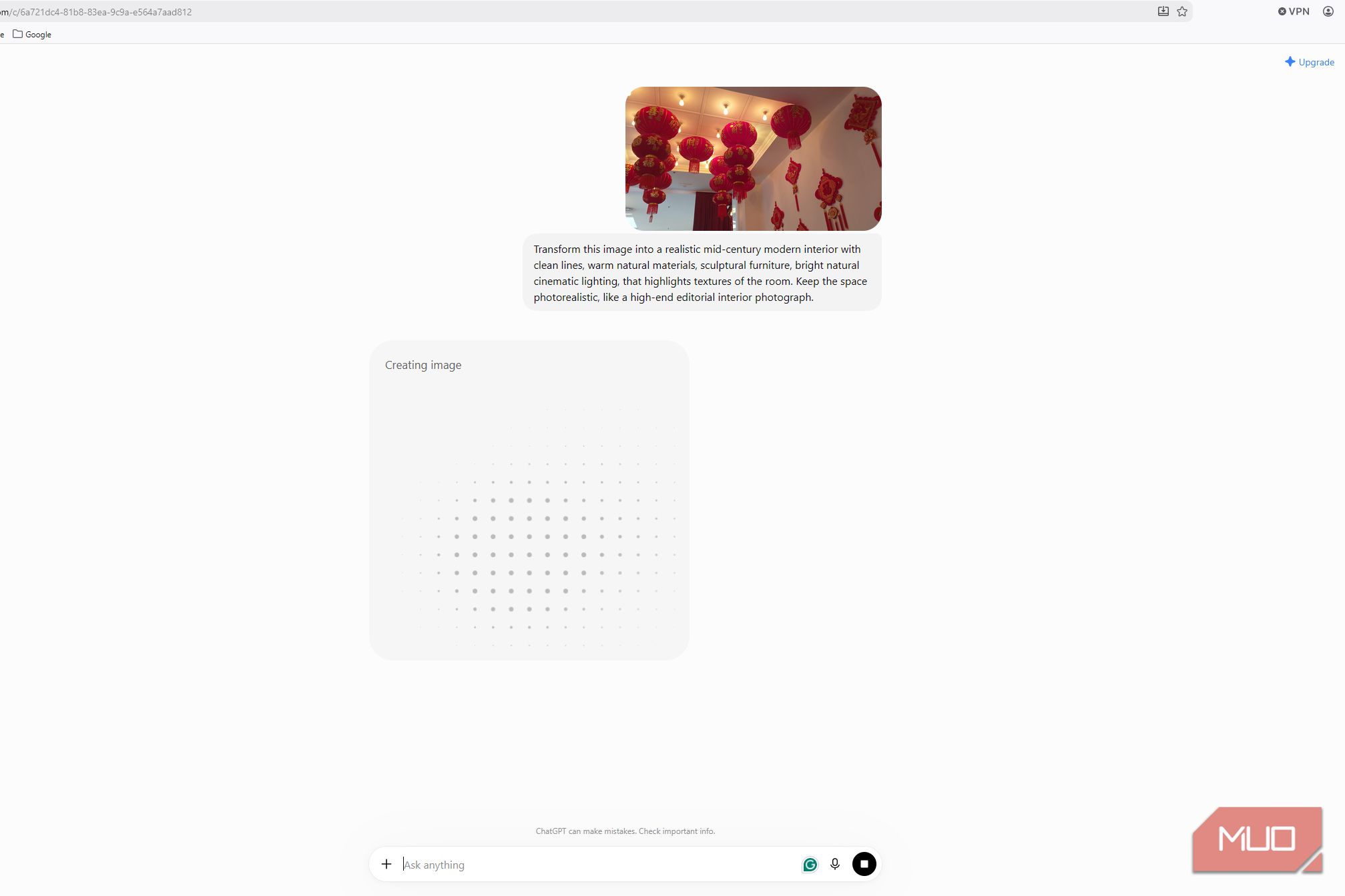 ChaGPT generating a mid-century modern interior from an uploaded photo of a room decorated with red lanterns
