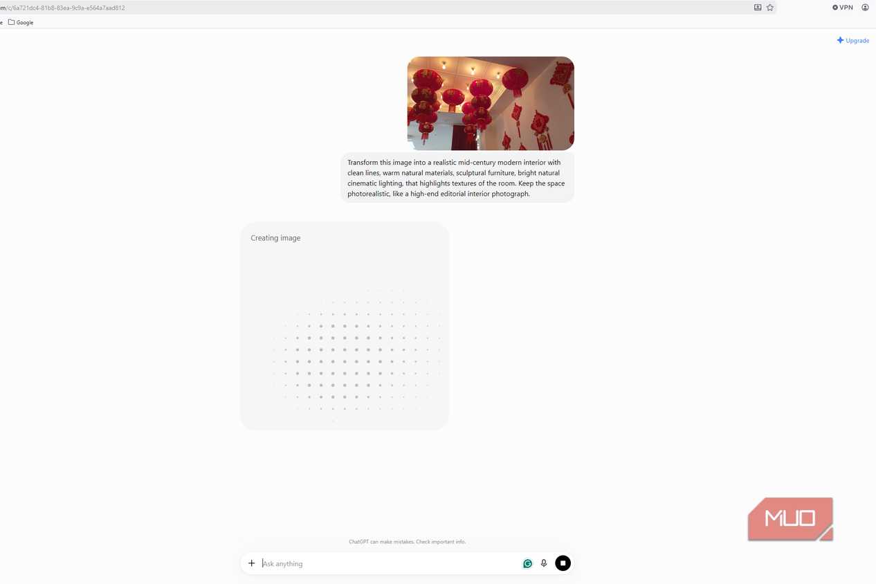 ChaGPT generating a mid-century modern interior from an uploaded photo of a room decorated with red lanterns