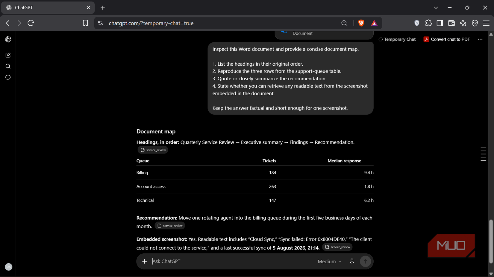ChatGPT interface showing a document analysis response
