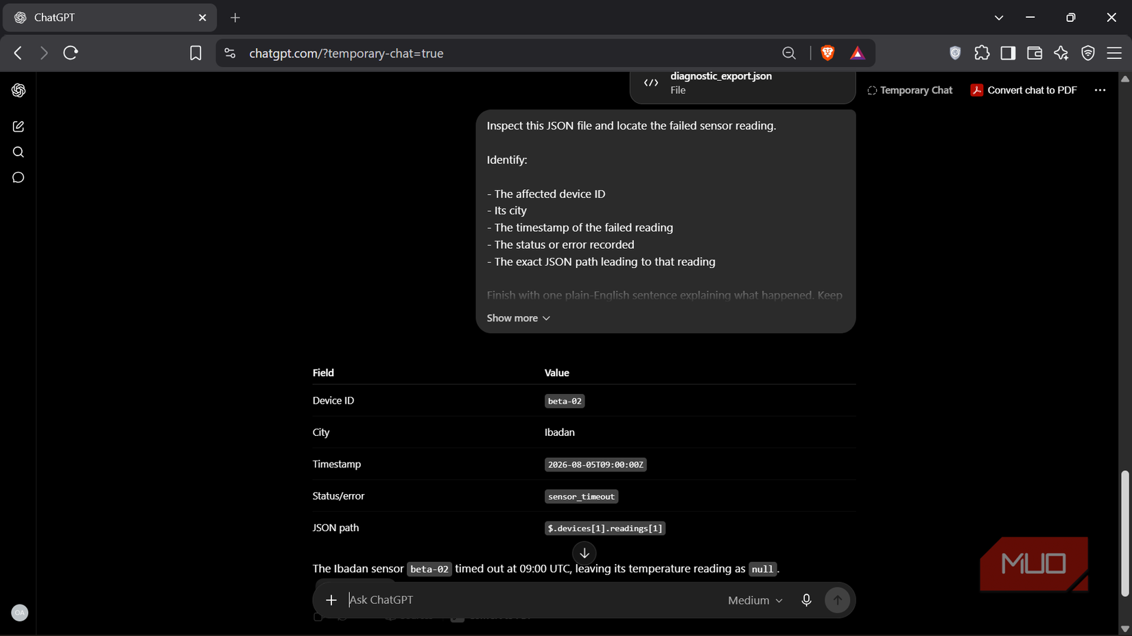ChatGPT interface showing JSON diagnostic export analysis