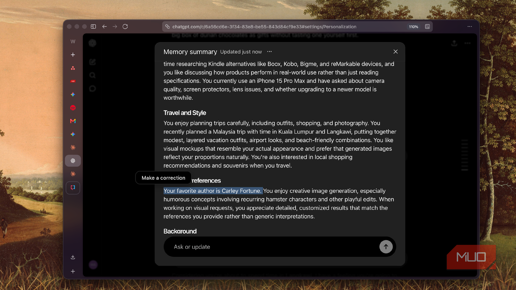 ChatGPT memory summary panel with highlighted text noting favorite author is Carley Fortune